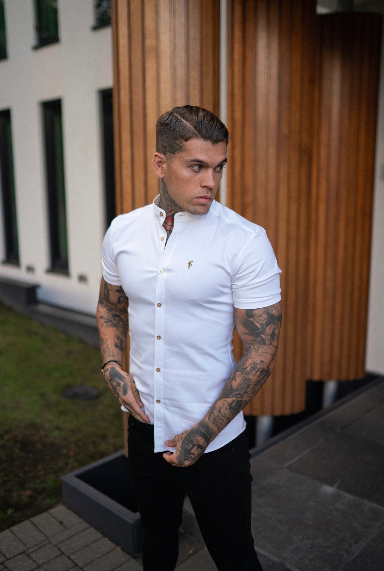 Elevate Your Style: Father Sons Super Slim Stretch White Denim Grandad Shirt with Metal Buttons and Decal Emblem - FS720