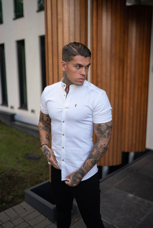 Elevate Your Style: Father Sons Super Slim Stretch White Denim Grandad Shirt with Metal Buttons and Decal Emblem - FS720