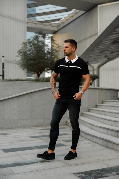 Elevate Your Style with the Father Sons Classic Black & White Striped Zipped Polo - Short Sleeve Edition!