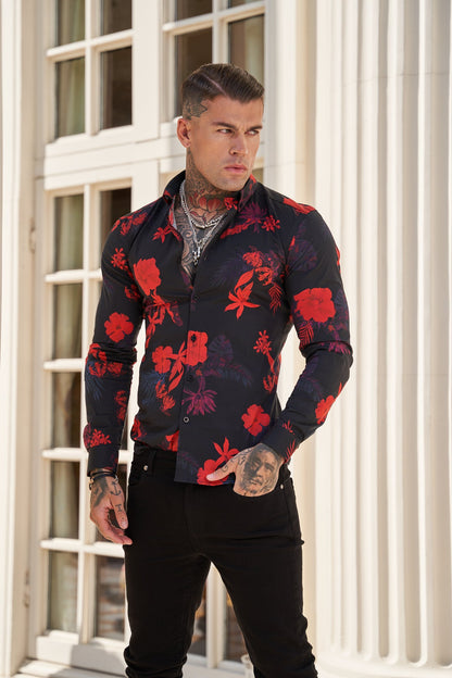 Elevate Your Style with Father Sons Super Slim Stretch Long Sleeve Shirt in Striking Black and Red Floral Print - FS770