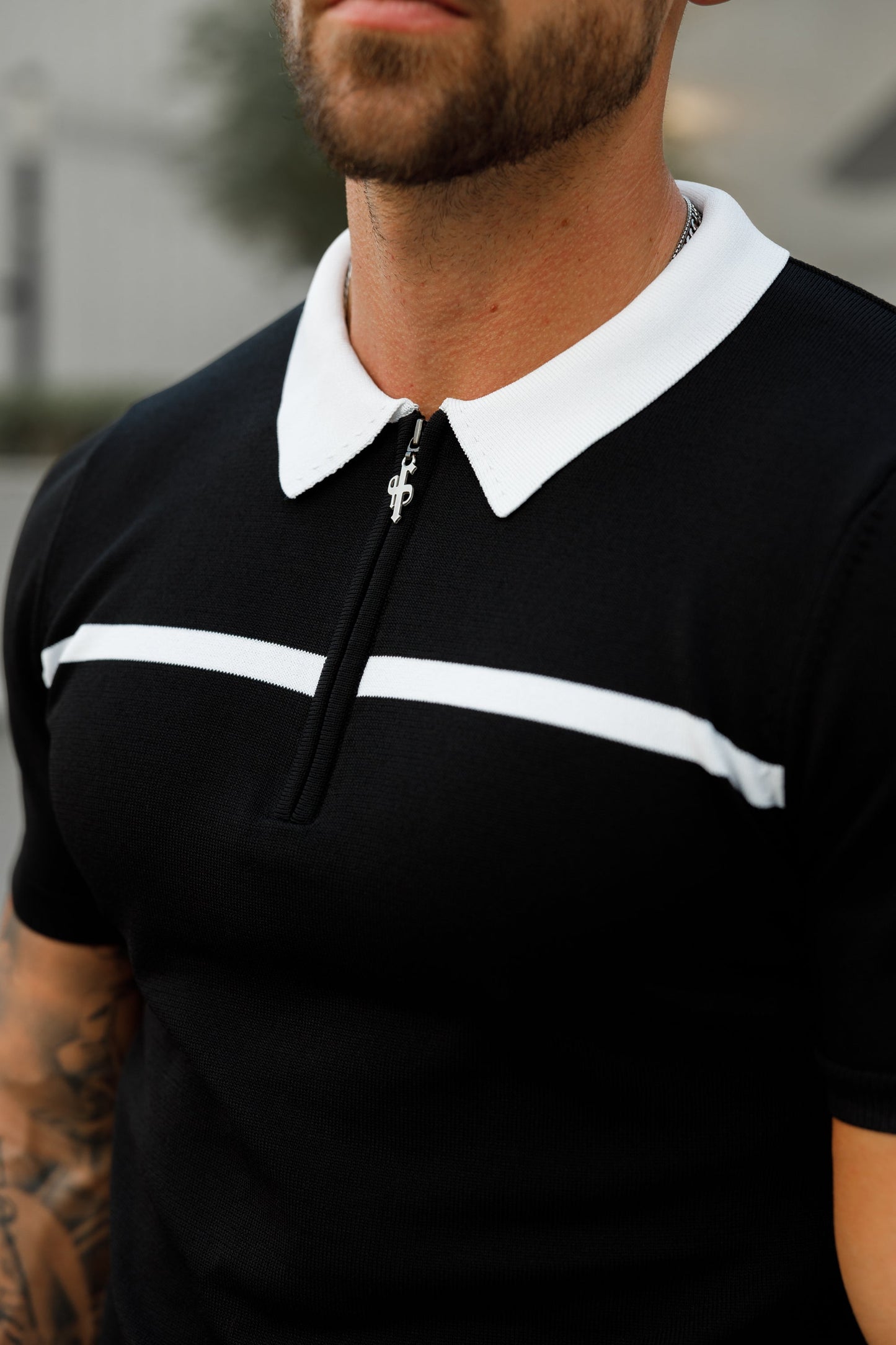Elevate Your Style with the Father Sons Classic Black & White Striped Zipped Polo - Short Sleeve Edition!