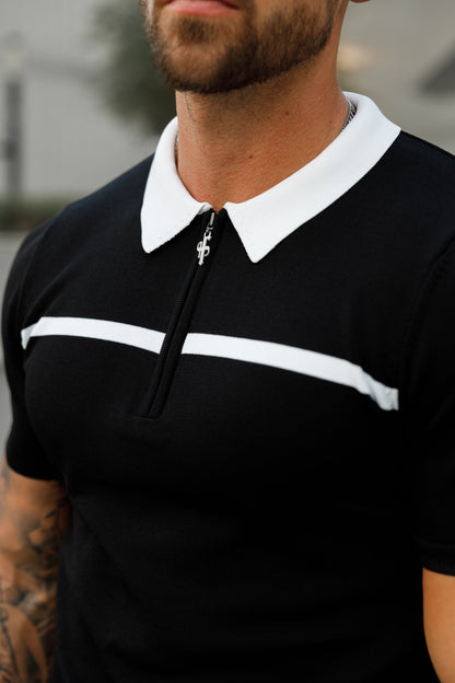 Elevate Your Style with the Father Sons Classic Black & White Striped Zipped Polo - Short Sleeve Edition!