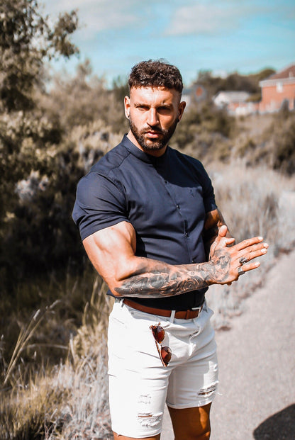 Elevate Your Wardrobe with the Father Sons Super Slim Stretch Grandad Collar Navy Oxford Shirt - FS584