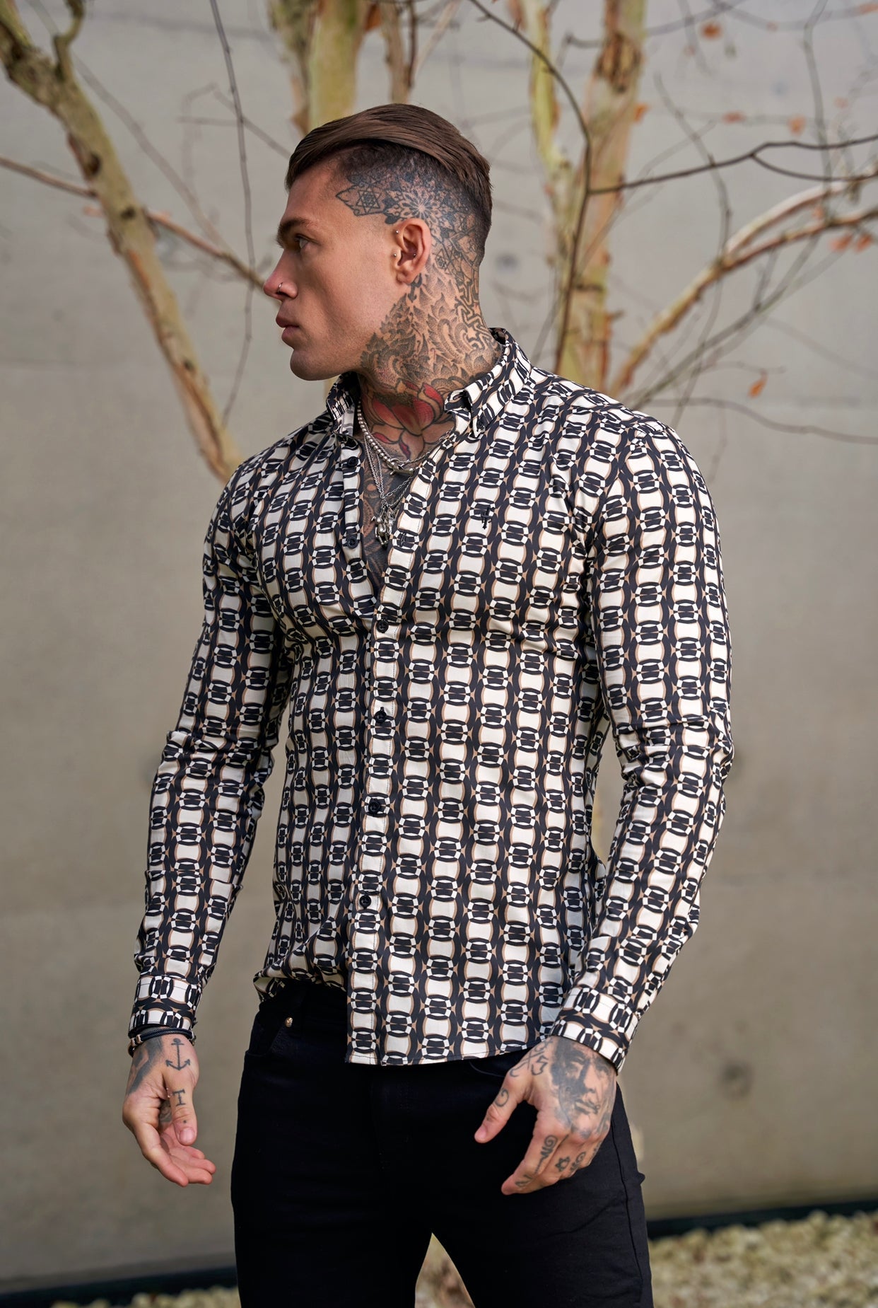 Elevate Your Style with the Father Sons Super Slim Fit Stretch Long Sleeve Shirt in Black, Cream, and Taupe Link Print – FS848