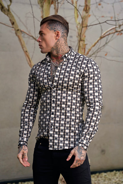 Elevate Your Style with the Father Sons Super Slim Fit Stretch Long Sleeve Shirt in Black, Cream, and Taupe Link Print – FS848