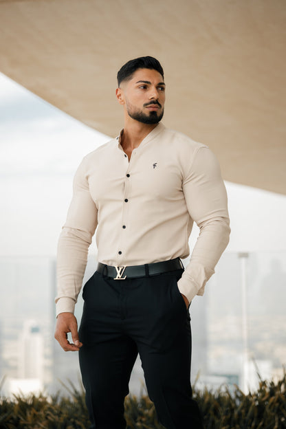 Elevate Your Style: Father Sons Super Slim Fit Beige Long Sleeve Stretch Scuba Top with Grandad Collar - FS941