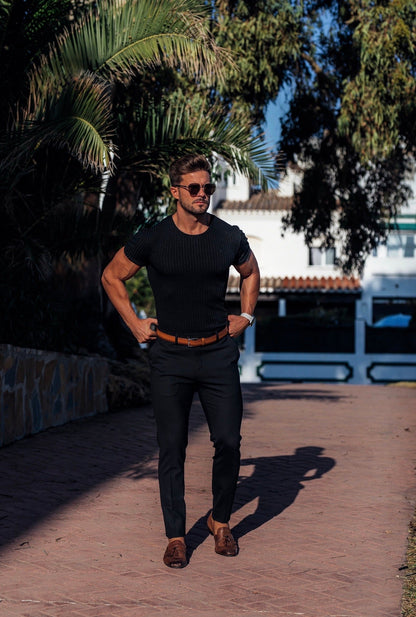 Sophisticated Slim Fit Stretch Black Trousers for Men by Father Sons - FST001