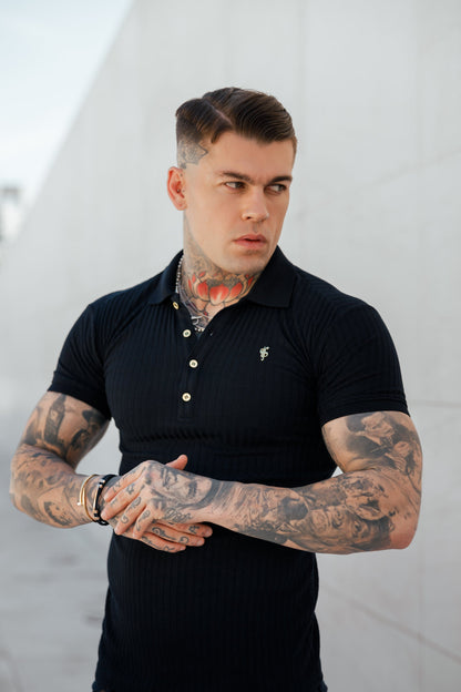 Elevate Your Style with the Father Sons Classic Navy Ribbed Polo Shirt Featuring Luxurious Gold Emblem and Button Accents - FSH694
