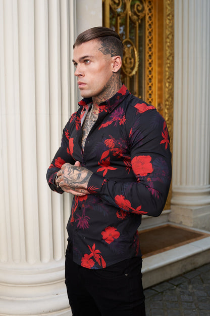 Elevate Your Style with Father Sons Super Slim Stretch Long Sleeve Shirt in Striking Black and Red Floral Print - FS770