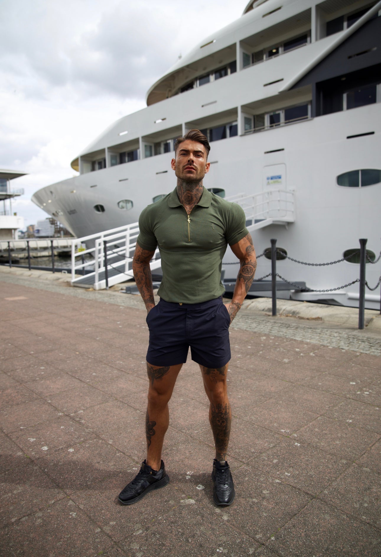 Elevate Your Wardrobe with the Father Sons Luxurious Khaki and Gold Zipped Polo - FSH810