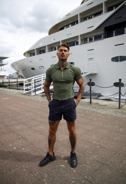 Elevate Your Wardrobe with the Father Sons Luxurious Khaki and Gold Zipped Polo - FSH810