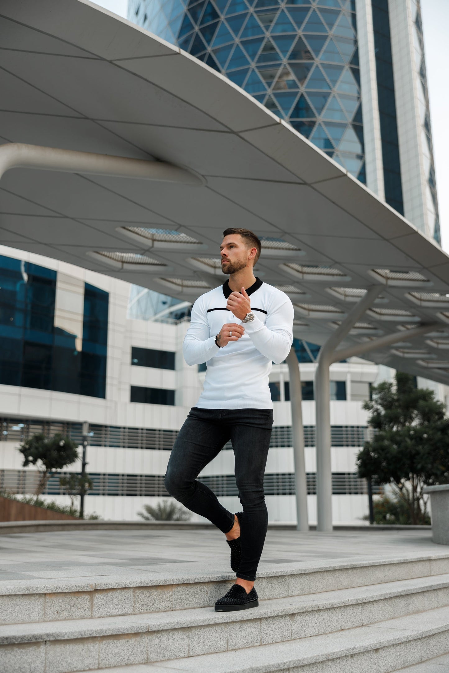 Elevate Your Wardrobe with the Father Sons Classic Striped Zipped Polo - Timeless White & Black Long Sleeve Design - FSN050