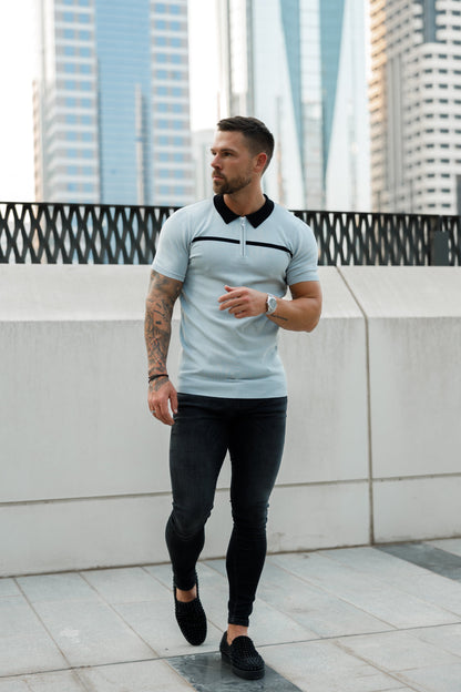 Elevate Your Style with the Father Sons Silver Grey and Black Stripe Zipped Polo - Short Sleeve FSN040