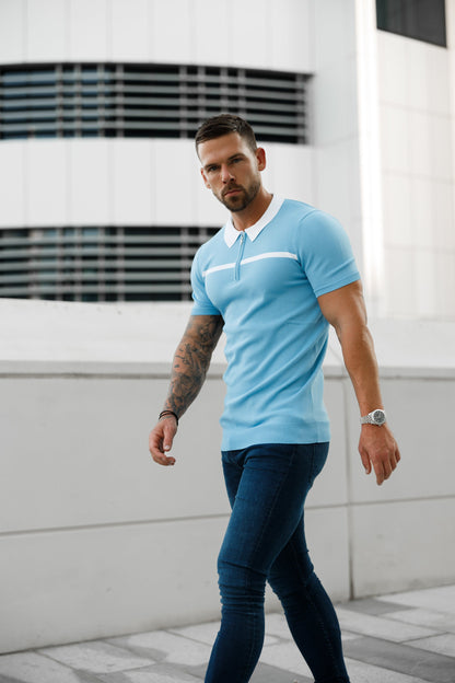 Elevate Your Style with the Father Sons Sky Blue & White Striped Zipped Polo – Short Sleeve Essentials - FSN058