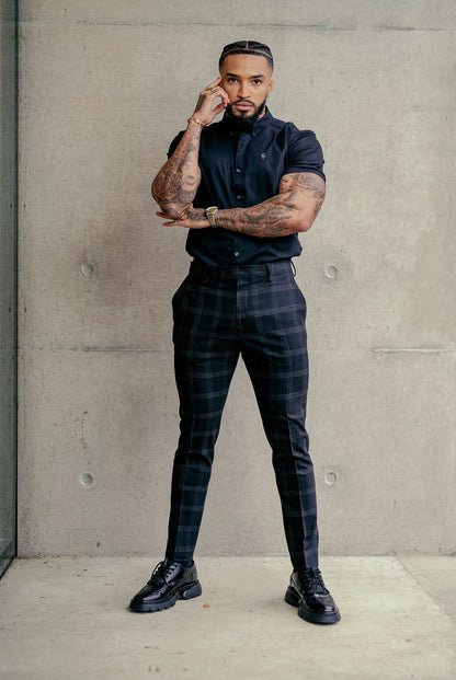 Sleek Charcoal Check Stretch Trousers for Men - Father Sons Slim Fit - FST007