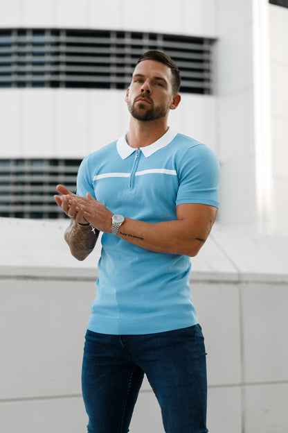 Elevate Your Style with the Father Sons Sky Blue & White Striped Zipped Polo – Short Sleeve Essentials - FSN058