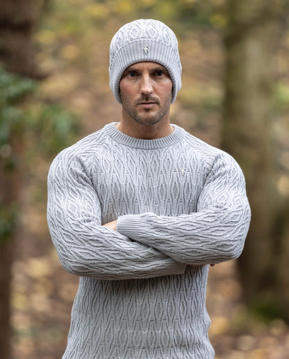 Stylish Silver Grey Knitted Beanie with Elongated Diamond Design and Metal Decal - Father Sons FSN056