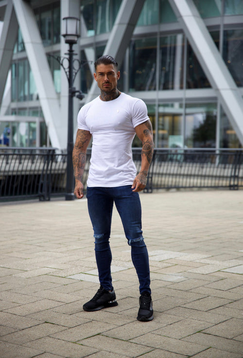 Elevate Your Style with Father Sons Ultra-Stretch Navy Slim Jeans Featuring Trendy Knee Rips - FSJEAN004