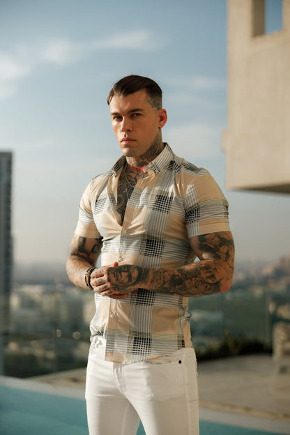Father Sons Stylish Super Slim Fit Stretch Peach & Grey Check Short Sleeve Shirt with Button Down Collar - FS900