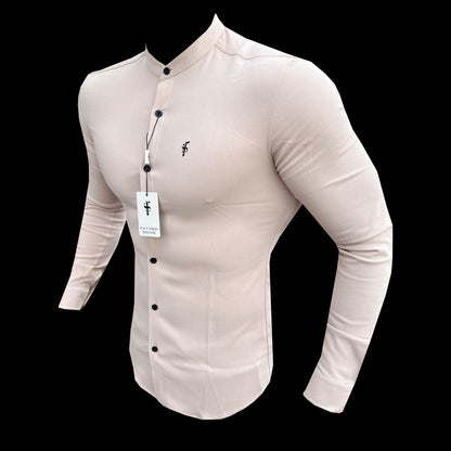 Elevate Your Style: Father Sons Super Slim Fit Beige Long Sleeve Stretch Scuba Top with Grandad Collar - FS941