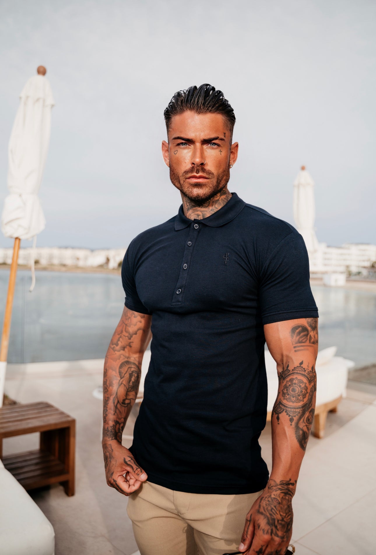 Elevate Your Wardrobe with the Father Sons Timeless Navy Polo Shirt Featuring Tonal Buttons and Elegant Embroidery - FSH825