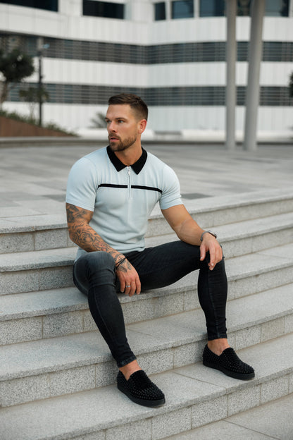 Elevate Your Style with the Father Sons Silver Grey and Black Stripe Zipped Polo - Short Sleeve FSN040
