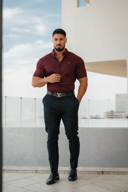Elevate Your Style with the Father Sons Super Slim Stretch Burgundy Short Sleeve Denim Shirt Featuring a Sleek Metal Decal Emblem - FS629