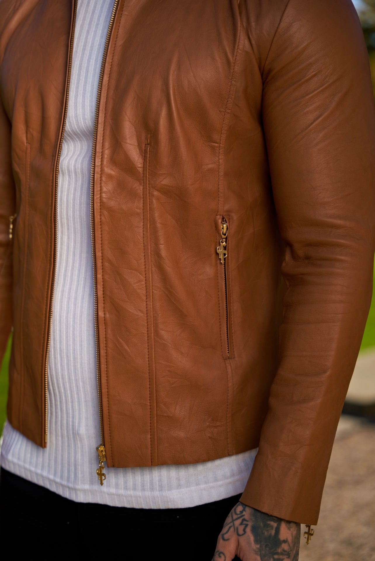 Stylish Tan Lambskin Leather Jacket with Gold Accent Zippers - FSH793 for Men