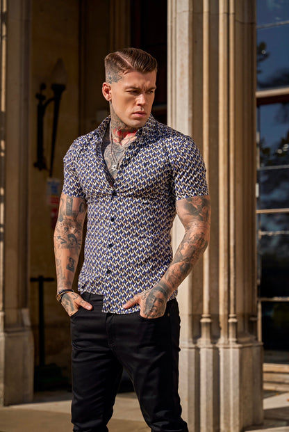 Elevate Your Style with Father Sons Super Slim Fit Blue & Beige Chevron Print Short Sleeve Shirt Featuring a Chic Button-Down Collar - FS903