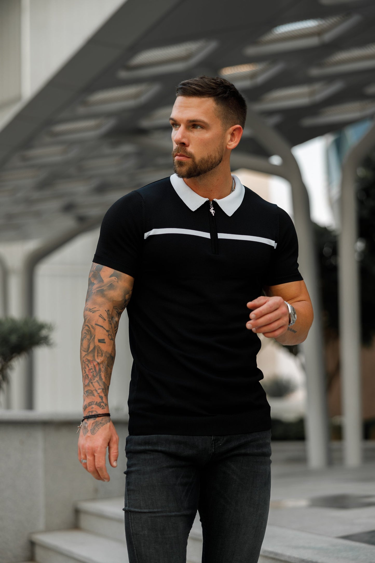 Elevate Your Style with the Father Sons Classic Black & White Striped Zipped Polo - Short Sleeve Edition!