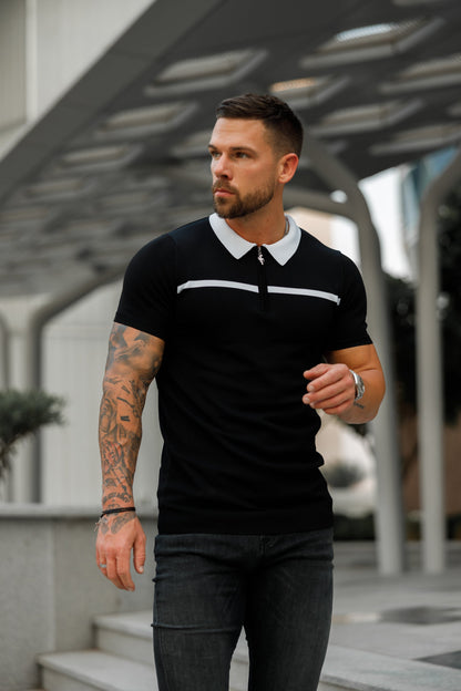 Elevate Your Style with the Father Sons Classic Black & White Striped Zipped Polo - Short Sleeve Edition!