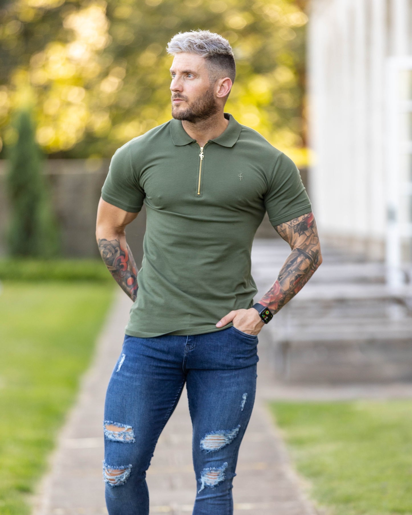 Elevate Your Wardrobe with the Father Sons Luxurious Khaki and Gold Zipped Polo - FSH810