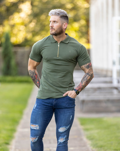 Elevate Your Wardrobe with the Father Sons Luxurious Khaki and Gold Zipped Polo - FSH810
