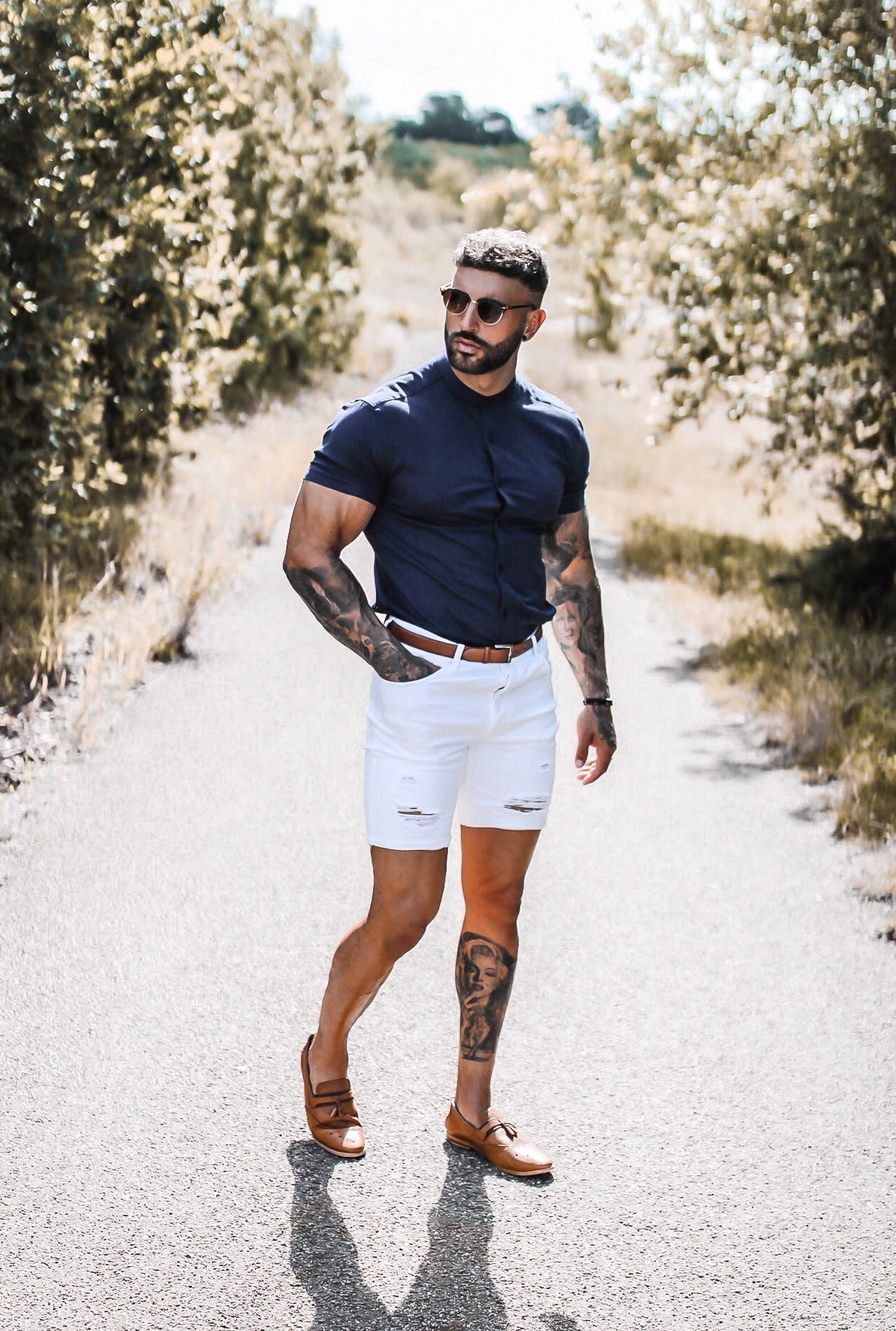 Elevate Your Wardrobe with the Father Sons Super Slim Stretch Grandad Collar Navy Oxford Shirt - FS584