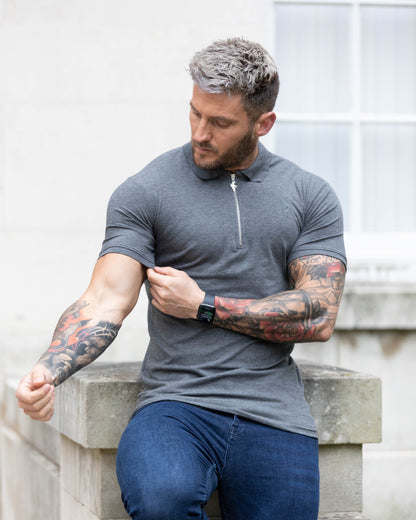 Stylish Dark Grey and Silver Zipped Polo Shirt for Men - Father Sons FSH812