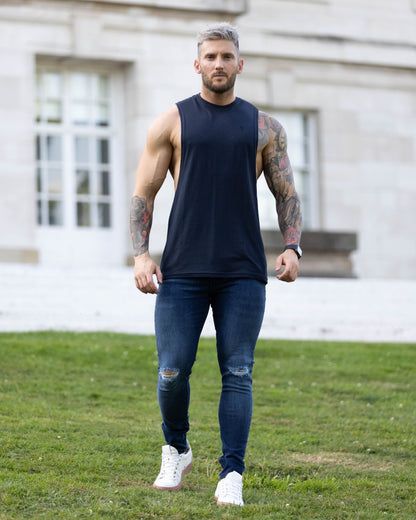 Elevate Your Style with Father Sons Ultra-Stretch Navy Slim Jeans Featuring Trendy Knee Rips - FSJEAN004