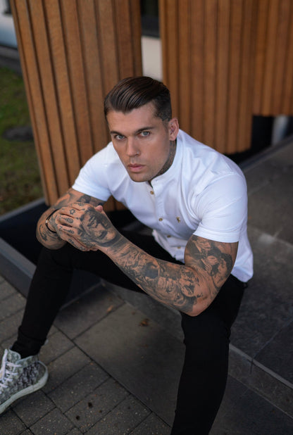 Elevate Your Style: Father Sons Super Slim Stretch White Denim Grandad Shirt with Metal Buttons and Decal Emblem - FS720