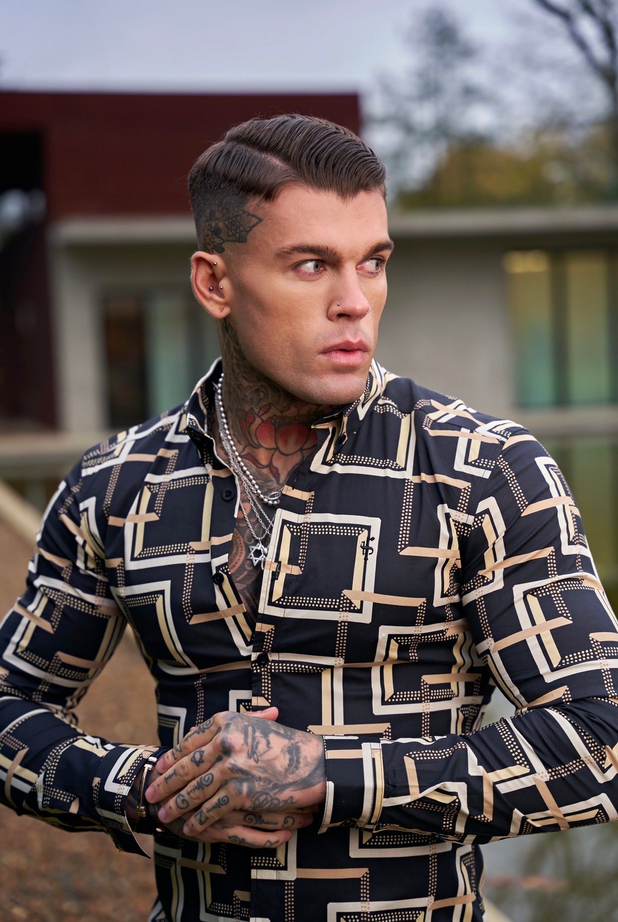 Elevate Your Style with Father Sons Super Slim Stretch Black & Cream Interlinked Square Print Button-Down Long Sleeve Shirt - Model FS850