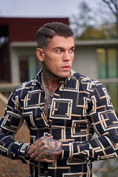 Elevate Your Style with Father Sons Super Slim Stretch Black & Cream Interlinked Square Print Button-Down Long Sleeve Shirt - Model FS850