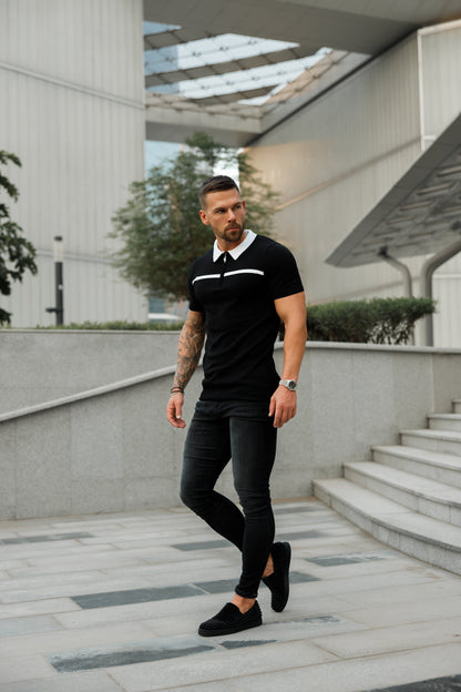 Elevate Your Style with the Father Sons Classic Black & White Striped Zipped Polo - Short Sleeve Edition!