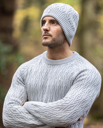 Stylish Silver Grey Knitted Beanie with Elongated Diamond Design and Metal Decal - Father Sons FSN056