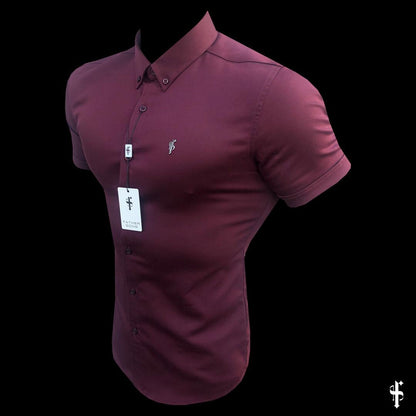 Elevate Your Style with the Father Sons Super Slim Stretch Burgundy Short Sleeve Denim Shirt Featuring a Sleek Metal Decal Emblem - FS629