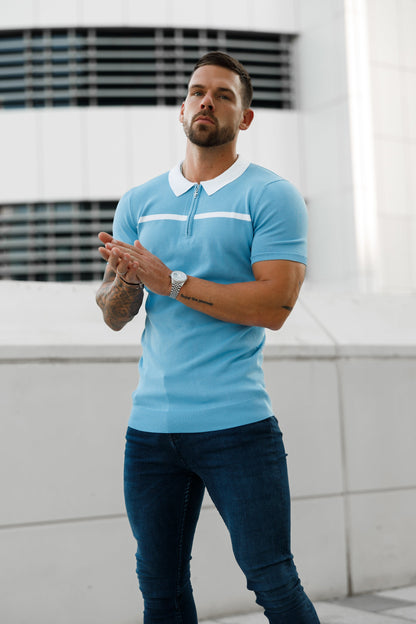Elevate Your Style with the Father Sons Sky Blue & White Striped Zipped Polo – Short Sleeve Essentials - FSN058