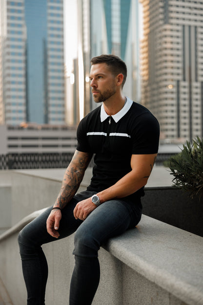 Elevate Your Style with the Father Sons Classic Black & White Striped Zipped Polo - Short Sleeve Edition!
