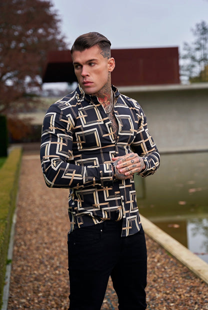 Elevate Your Style with Father Sons Super Slim Stretch Black & Cream Interlinked Square Print Button-Down Long Sleeve Shirt - Model FS850