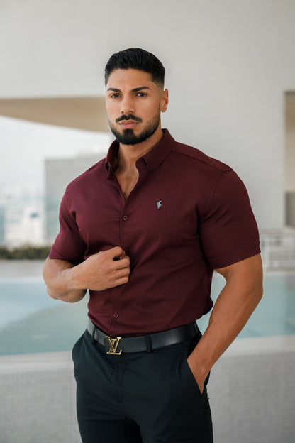 Elevate Your Style with the Father Sons Super Slim Stretch Burgundy Short Sleeve Denim Shirt Featuring a Sleek Metal Decal Emblem - FS629