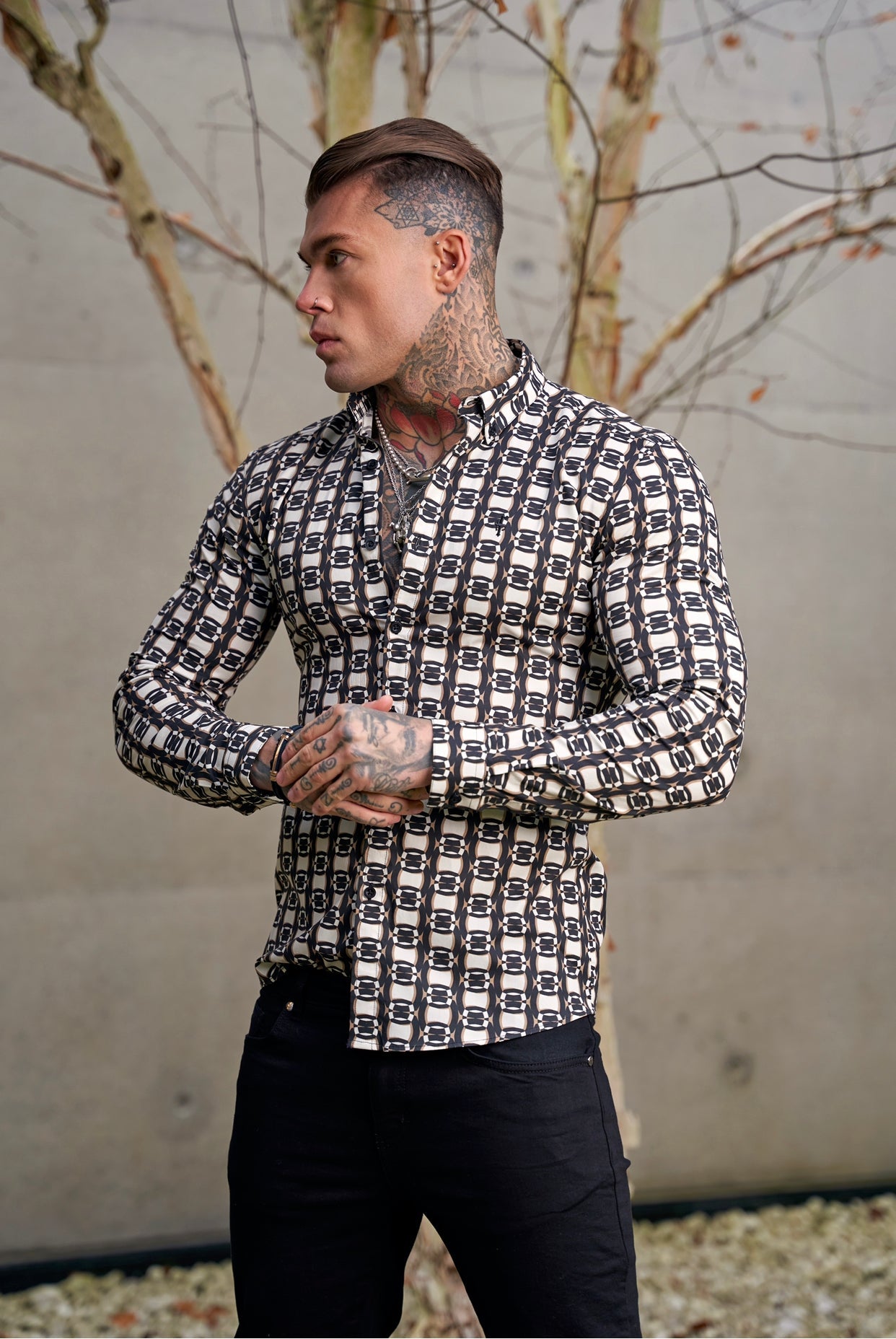 Elevate Your Style with the Father Sons Super Slim Fit Stretch Long Sleeve Shirt in Black, Cream, and Taupe Link Print – FS848