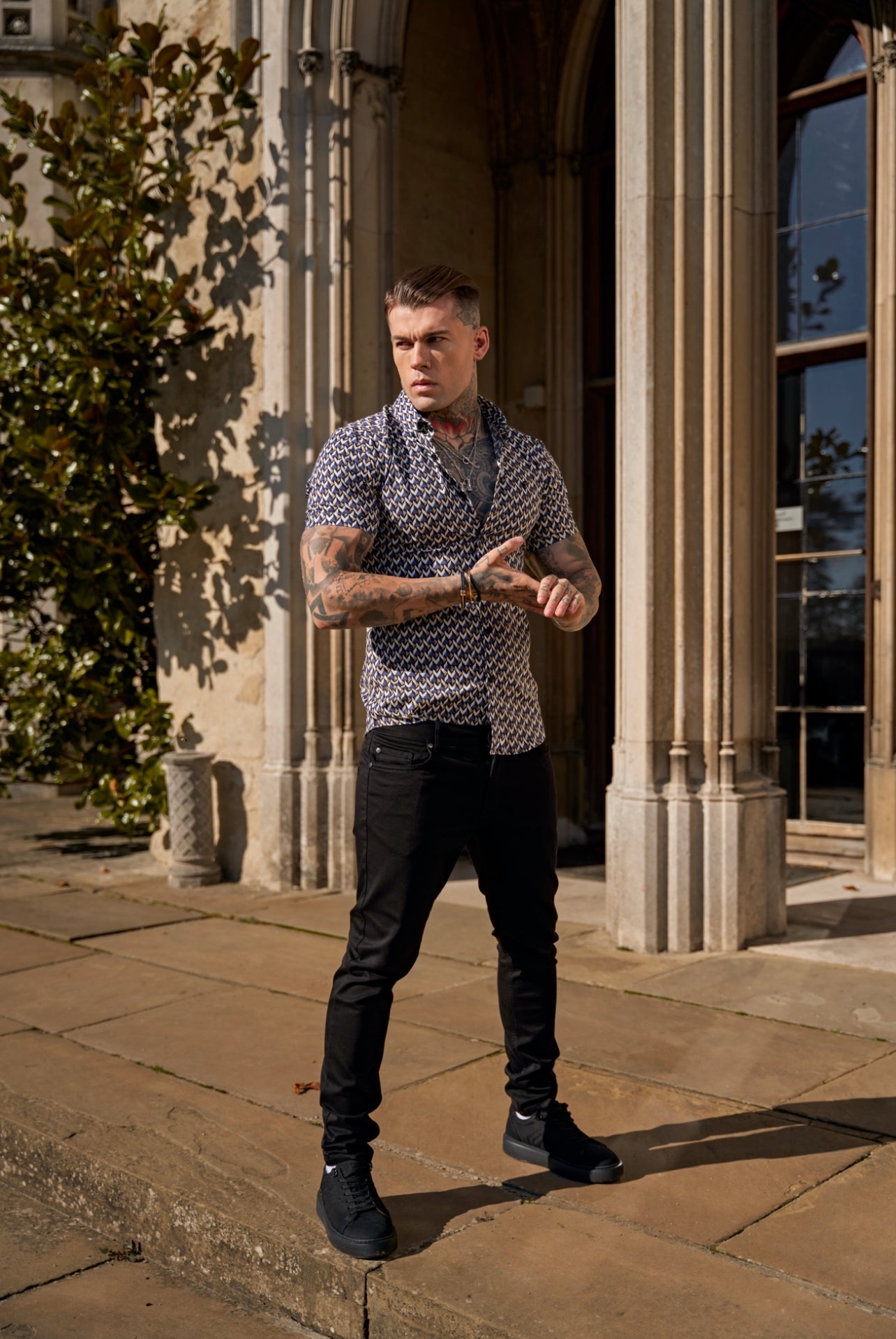Elevate Your Style with Father Sons Super Slim Fit Blue & Beige Chevron Print Short Sleeve Shirt Featuring a Chic Button-Down Collar - FS903