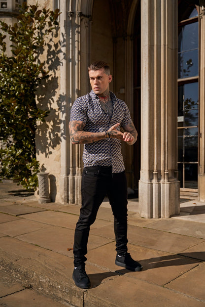 Elevate Your Style with Father Sons Super Slim Fit Blue & Beige Chevron Print Short Sleeve Shirt Featuring a Chic Button-Down Collar - FS903