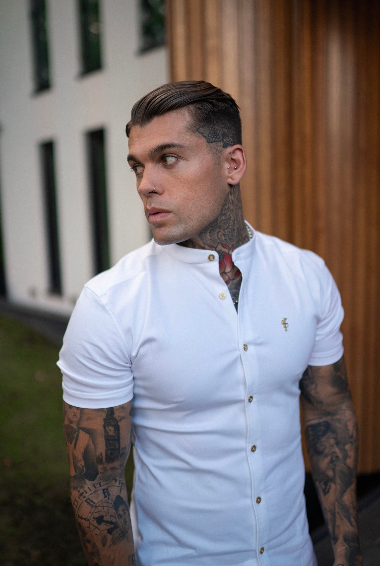 Elevate Your Style: Father Sons Super Slim Stretch White Denim Grandad Shirt with Metal Buttons and Decal Emblem - FS720